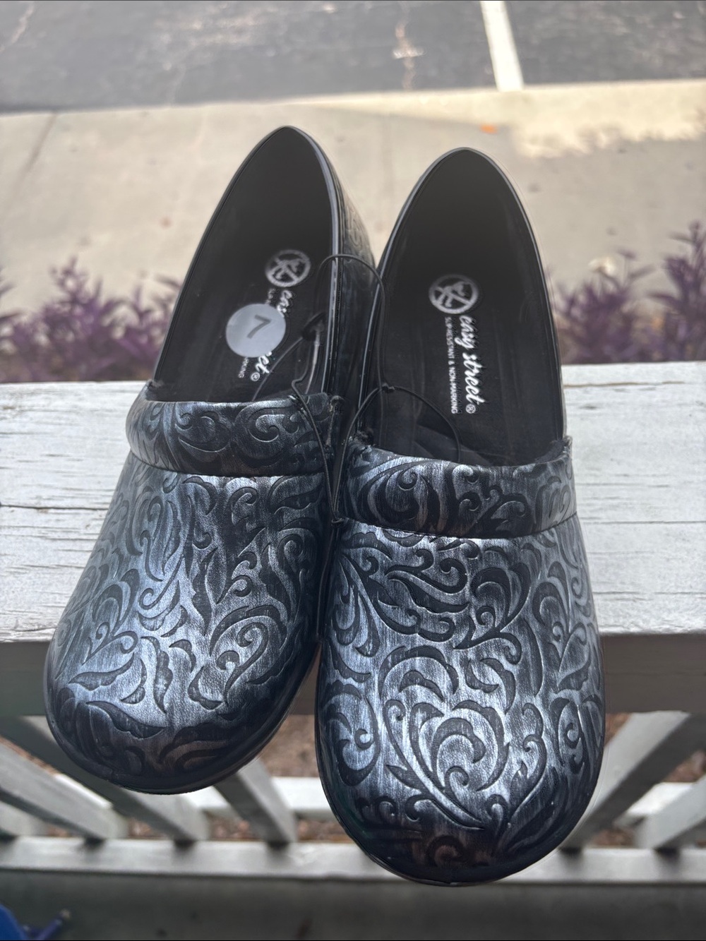 easy street Metallic Black Patterned Wedge Clogs (slip resistant)